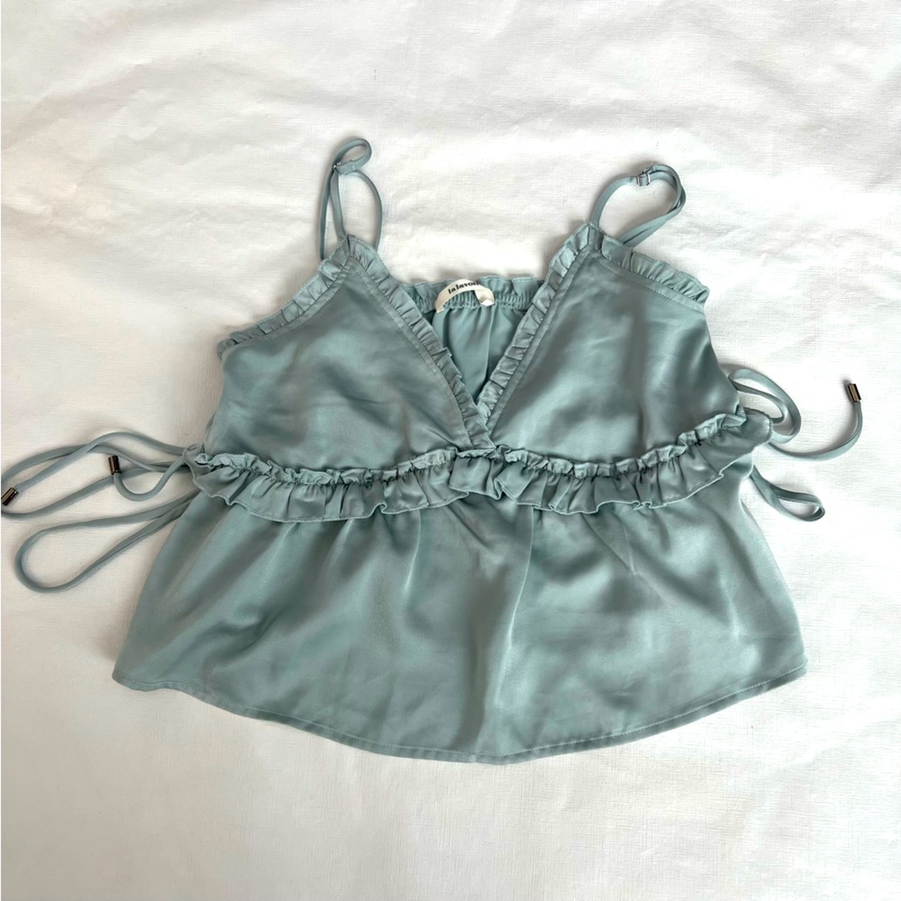 Lalavon Ruffle V-Neck Crop Top Aqua Size S